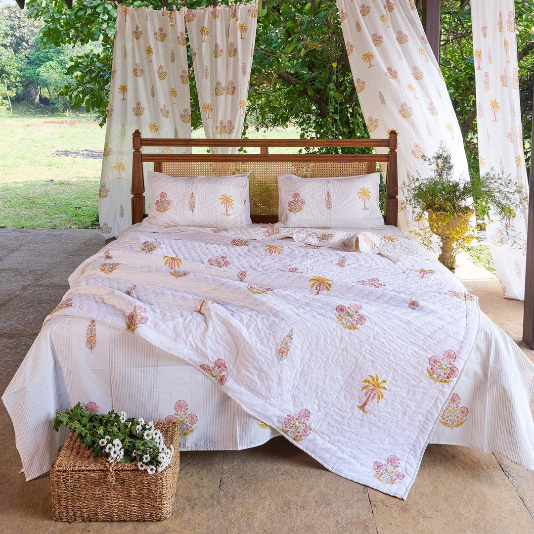 Yellow &amp; Pink Malabar Blockprint Double Bed Quilt-Quilt sets-House of Ekam
