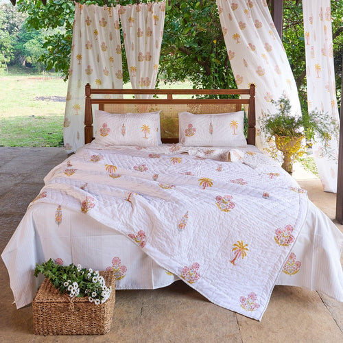 Yellow & Pink Malabar Blockprint Double Bed Quilt-Quilt sets-House of Ekam