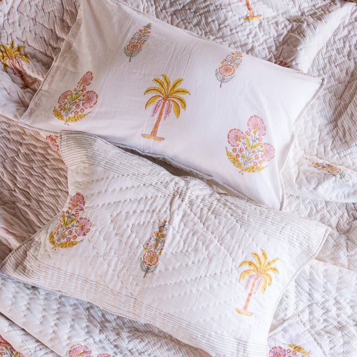 Yellow &amp; Pink Malabar Blockprint Double Bed Quilt-Quilt sets-House of Ekam