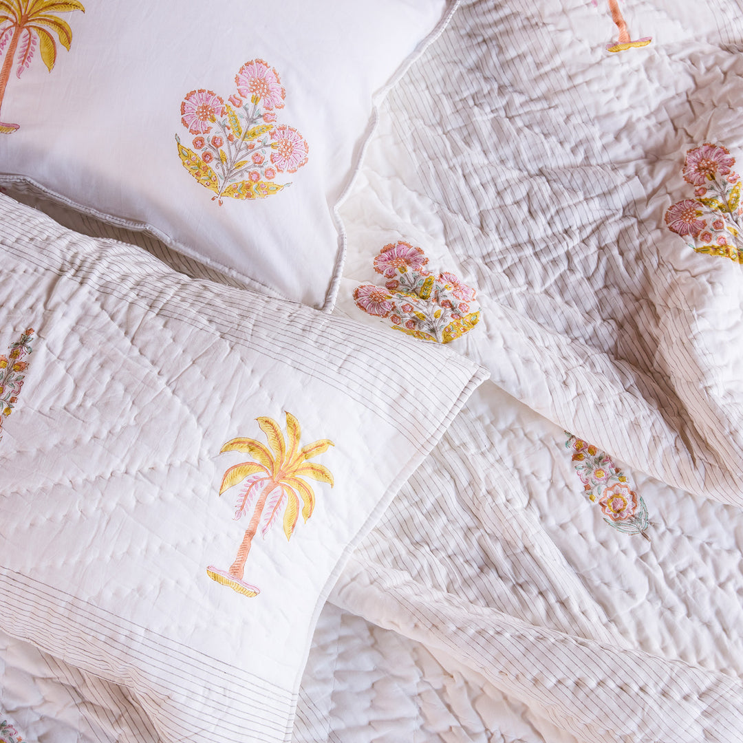 Yellow &amp; Pink Malabar Blockprint Double Bed Quilt-Quilt sets-House of Ekam