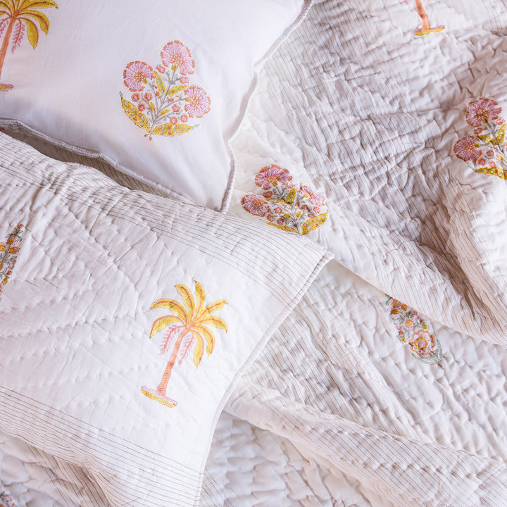 Yellow &amp; Pink Malabar Blockprint Double Bed Quilt-Quilt sets-House of Ekam