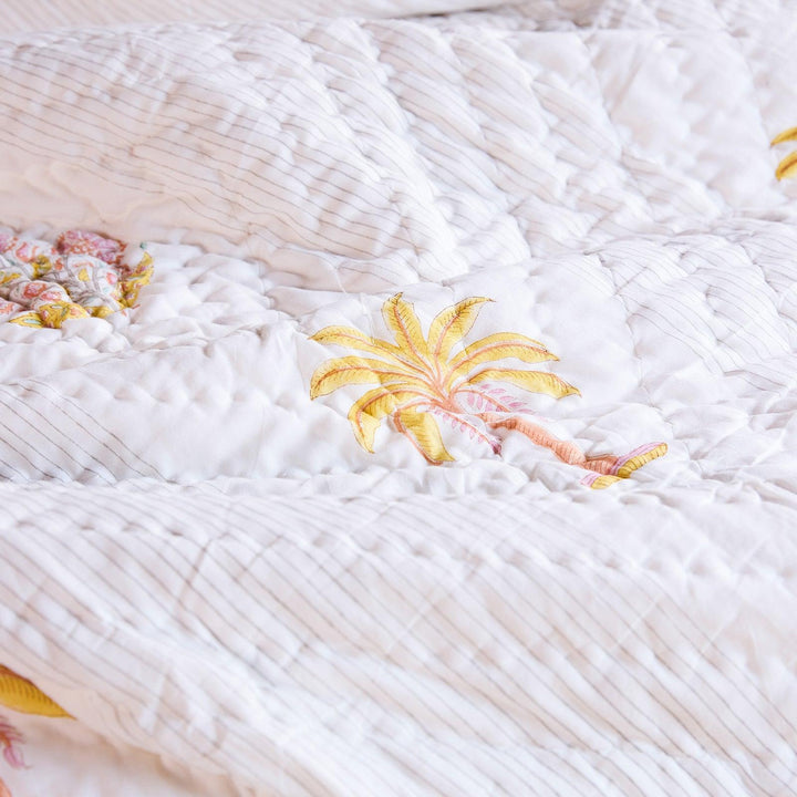 Yellow &amp; Pink Malabar Blockprint Double Bed Quilt-Quilt sets-House of Ekam