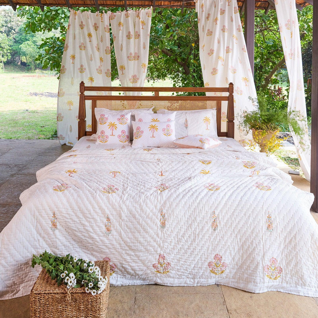 Yellow &amp; Pink Malabar Blockprint Double Bed Quilt-Quilt sets-House of Ekam