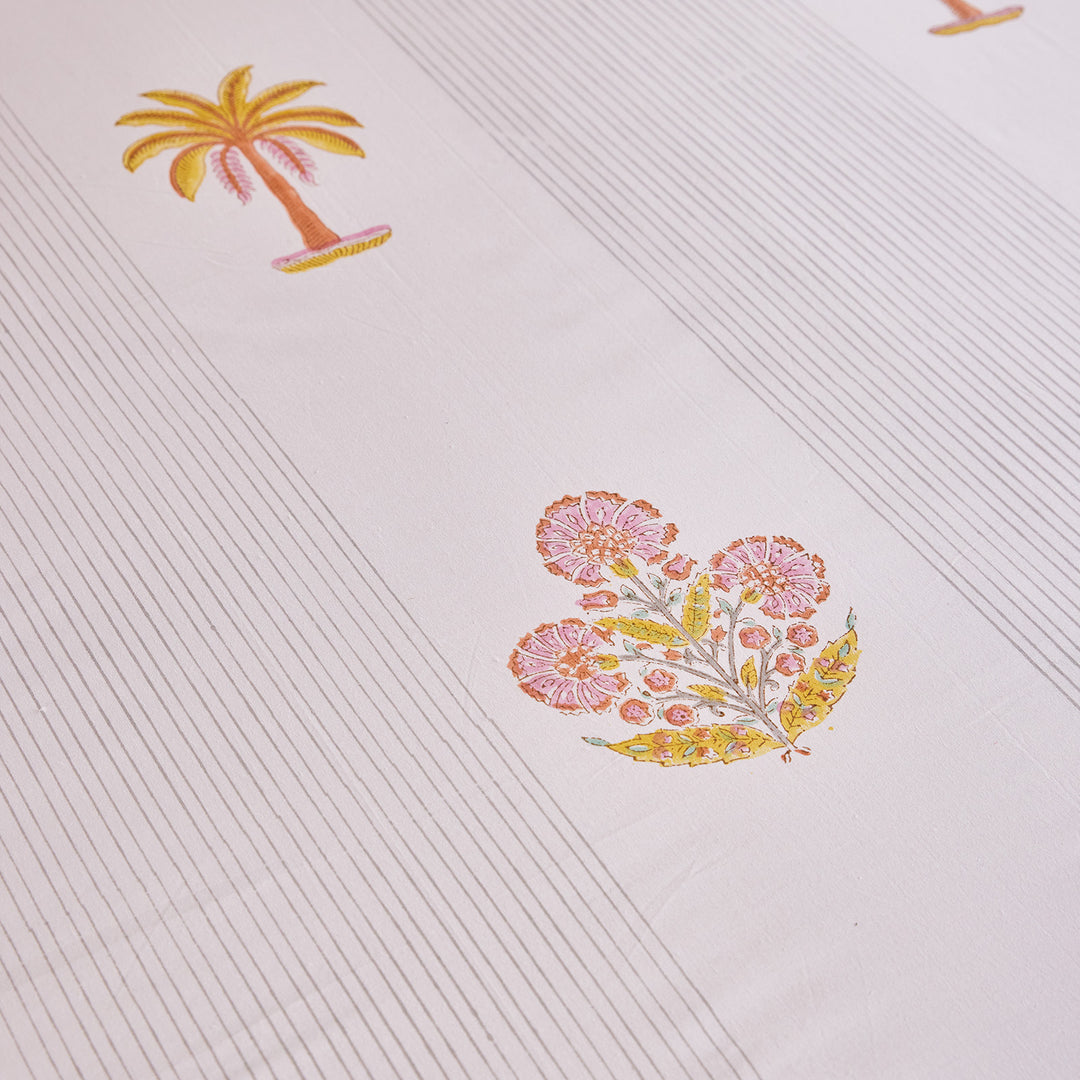 Yellow &amp; Pink Malabar Blockprint Double Bedsheet With Pillow Cover-Bedsheets-House of Ekam