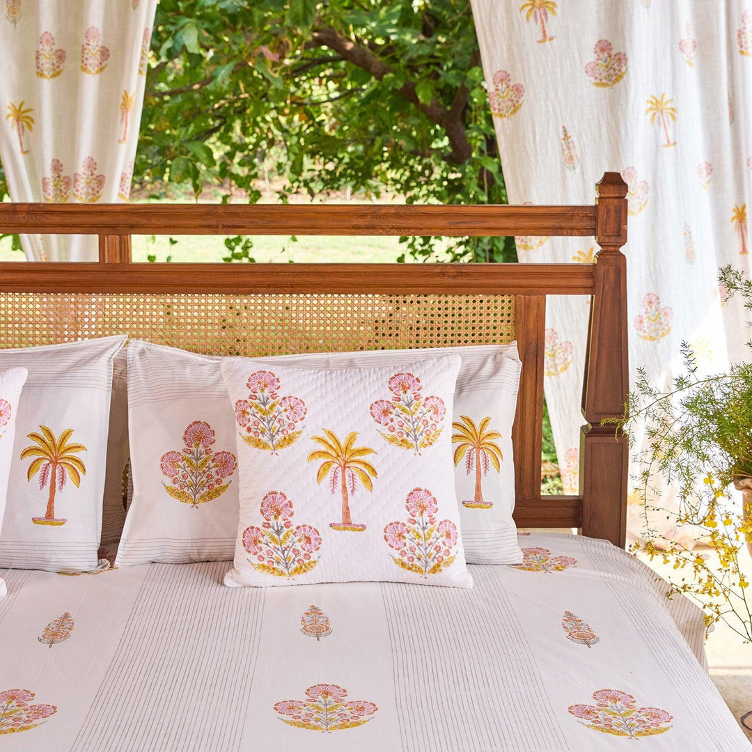 Yellow &amp; Pink Malabar Blockprint Double Bedsheet With Pillow Cover-Bedsheets-House of Ekam