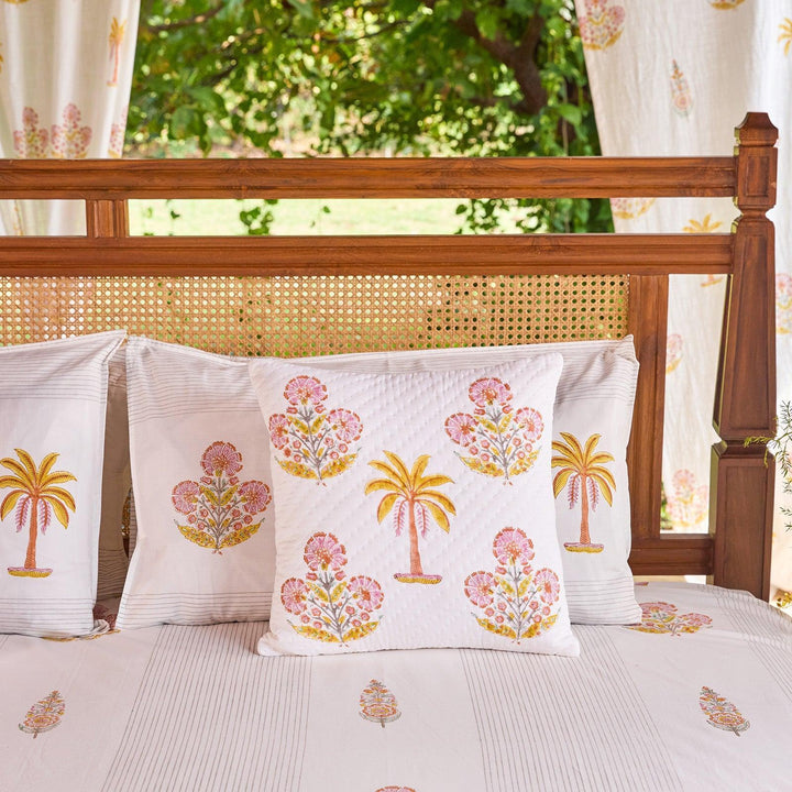 Yellow &amp; Pink Malabar Blockprint Double Bedsheet With Pillow Cover-Bedsheets-House of Ekam
