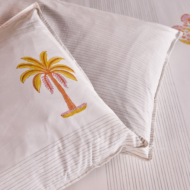 Yellow &amp; Pink Malabar Blockprint Double Bedsheet With Pillow Cover-Bedsheets-House of Ekam