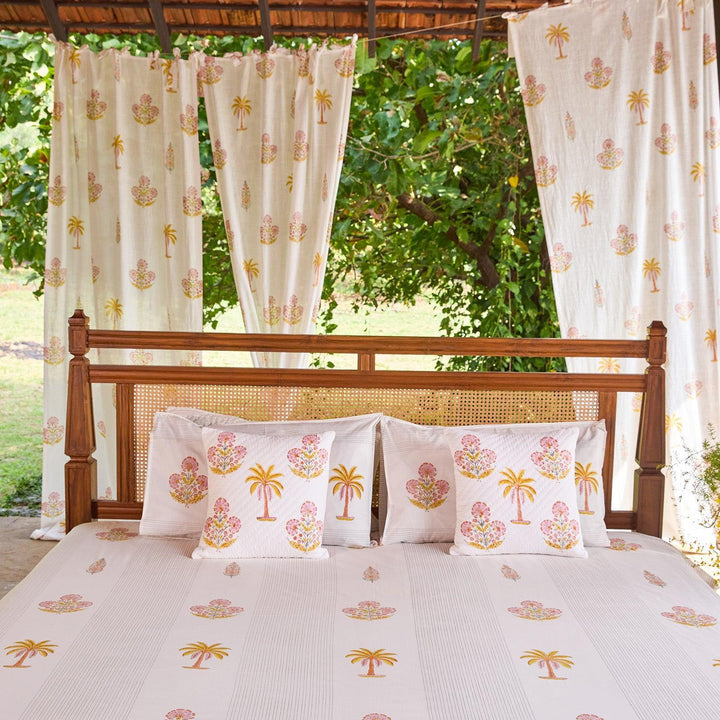 Yellow &amp; Pink Malabar Blockprint Double Bedsheet With Pillow Cover-Bedsheets-House of Ekam