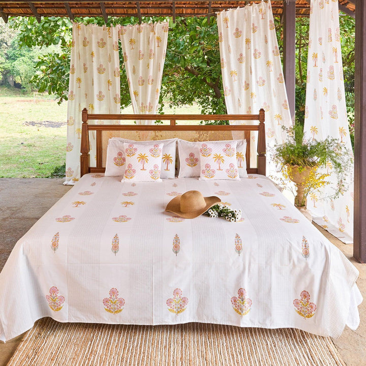 Yellow &amp; Pink Malabar Blockprint Double Bedsheet With Pillow Cover-Bedsheets-House of Ekam