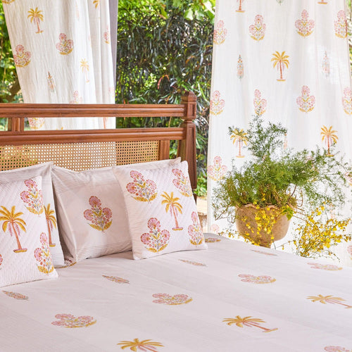 Yellow & Pink Malabar Blockprint Double Bedsheet With Pillow Cover-Bedsheets-House of Ekam