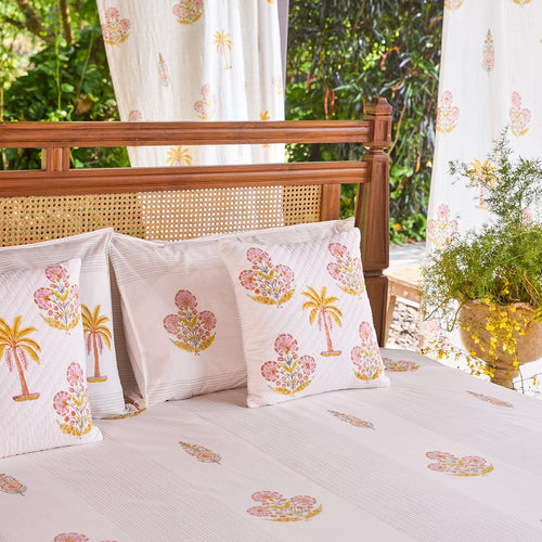 Yellow & Pink Malabar Blockprint Double Bedsheet With Pillow Cover-Bedsheets-House of Ekam