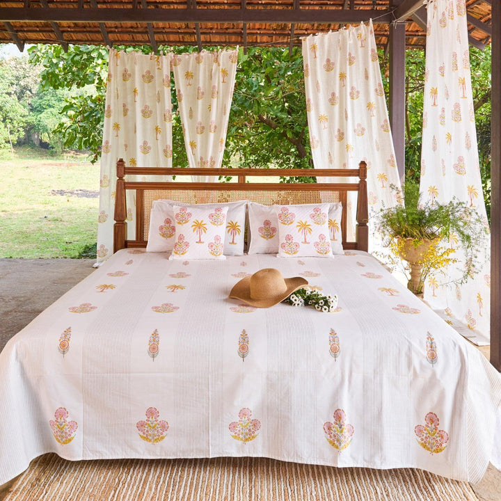 Yellow &amp; Pink Malabar Blockprint Double Bedsheet With Pillow Cover-Bedsheets-House of Ekam