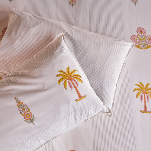 Yellow & Pink Malabar Blockprint Double Bedsheet With Pillow Cover-Bedsheets-House of Ekam