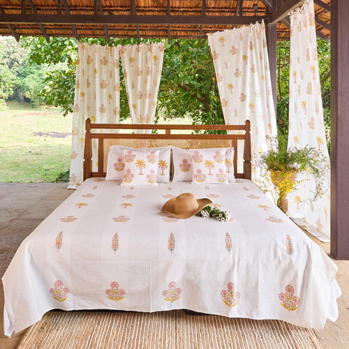 Yellow & Pink Malabar Blockprint Double Bedsheet With Pillow Cover-Bedsheets-House of Ekam