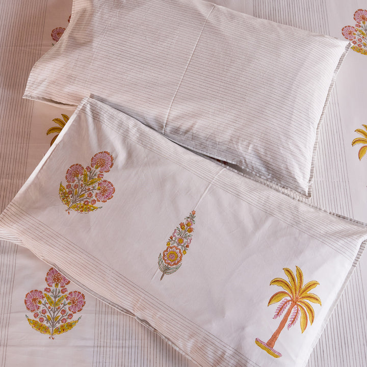 Yellow &amp; Pink Malabar Blockprint Double Bedsheet With Pillow Cover-Bedsheets-House of Ekam