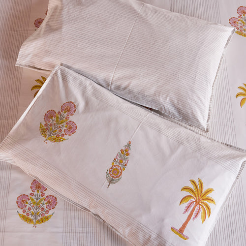 Yellow & Pink Malabar Blockprint Double Bedsheet With Pillow Cover-Bedsheets-House of Ekam