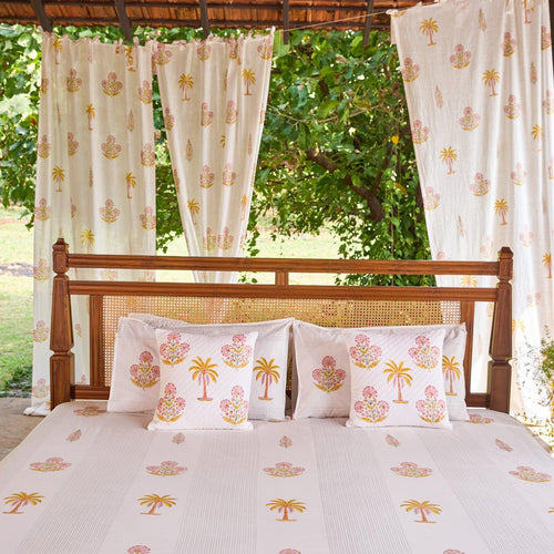 Yellow & Pink Malabar Blockprint Double Bedsheet With Pillow Cover-Bedsheets-House of Ekam
