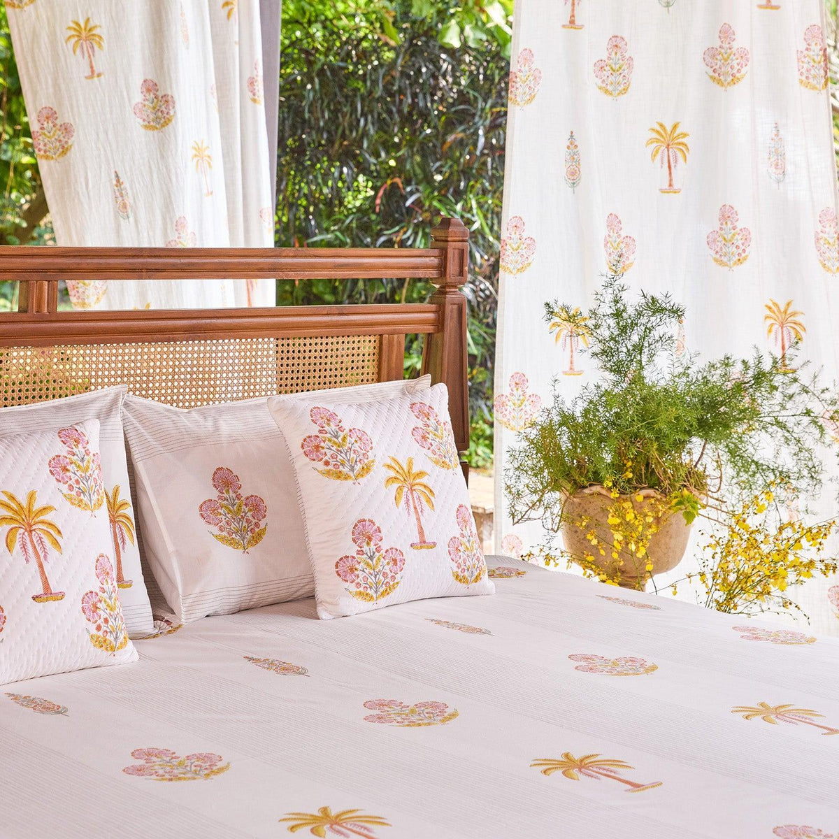 Yellow & Pink Malabar Blockprint Double Bedsheet With Pillow Cover-Bedsheets-House of Ekam