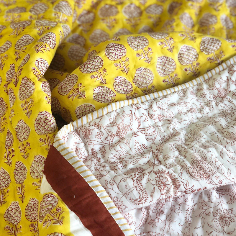 Yellow Pomegranate Double Bed Jaipuri Reversible Quilt Set-Quilt sets-House of Ekam