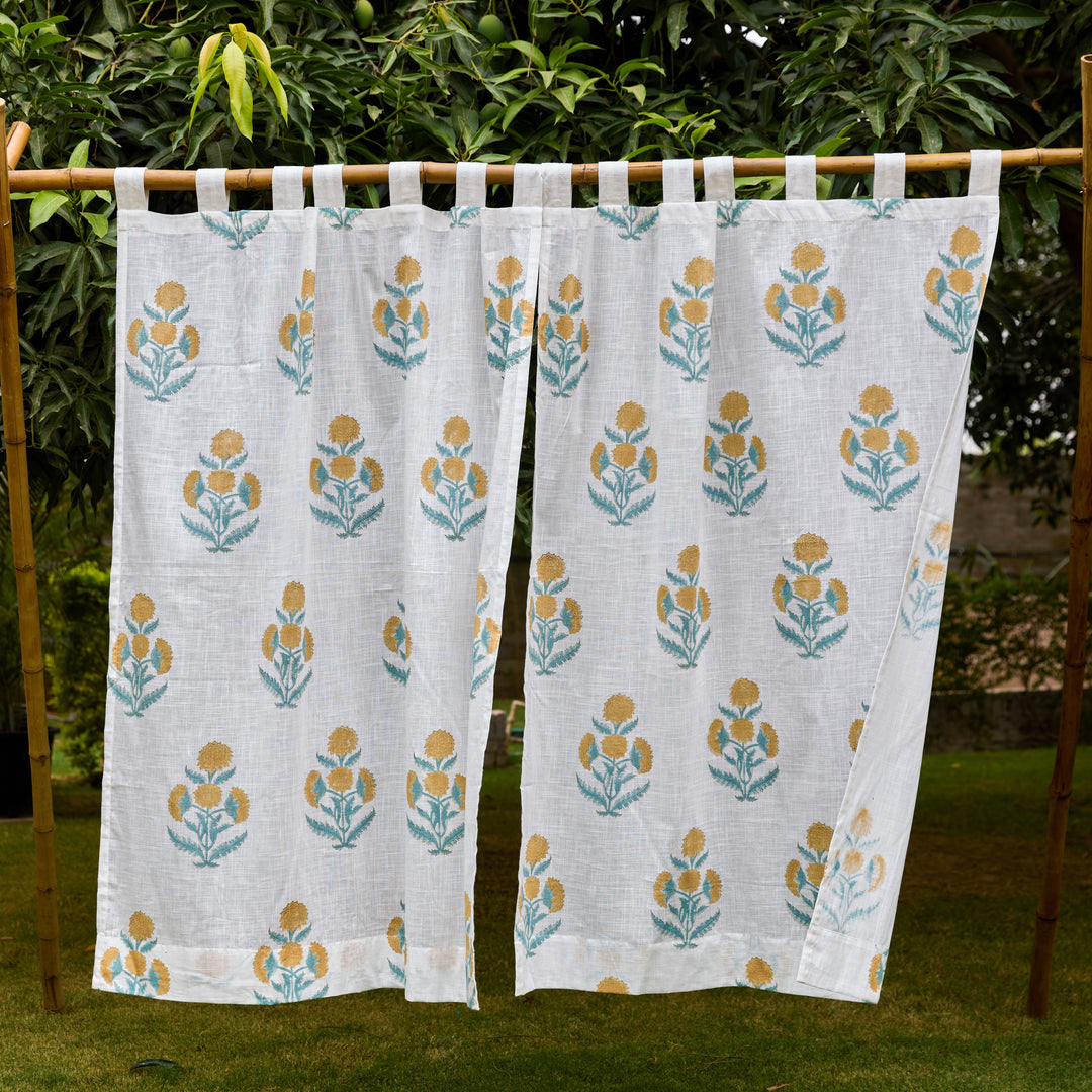 Yellow Poppy Blockprint Cotton Slub Curtain-Curtains-House of Ekam