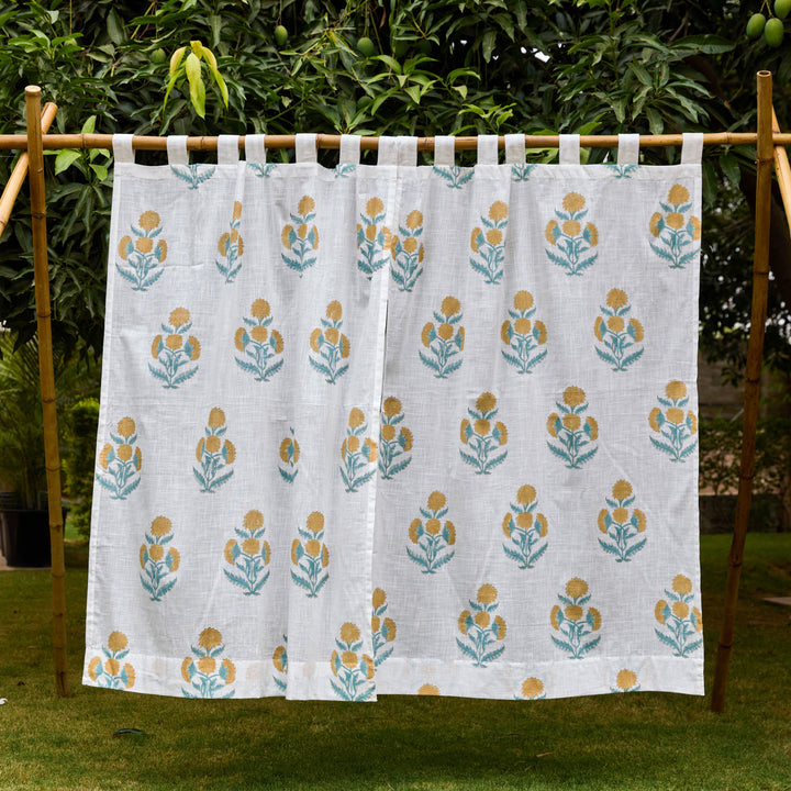 Yellow Poppy Blockprint Cotton Slub Curtain-Curtains-House of Ekam