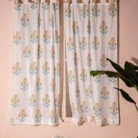 Yellow Poppy Blockprint Cotton Slub Curtain-Curtains-House of Ekam