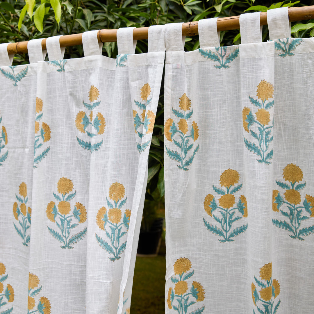Yellow Poppy Blockprint Cotton Slub Curtain-Curtains-House of Ekam