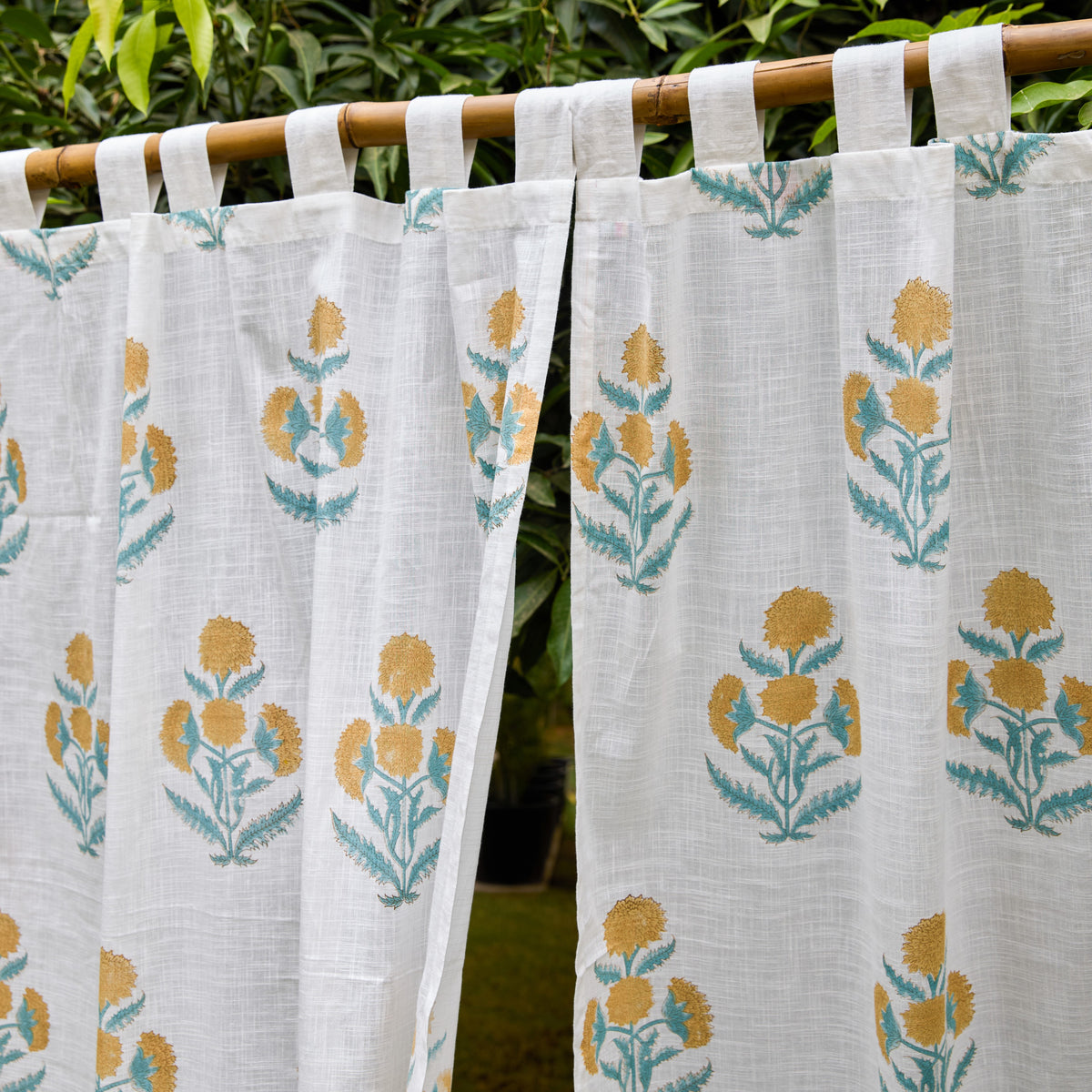 Yellow Poppy Blockprint Cotton Slub Curtain-Curtains-House of Ekam