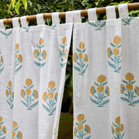 Yellow Poppy Blockprint Cotton Slub Curtain-Curtains-House of Ekam