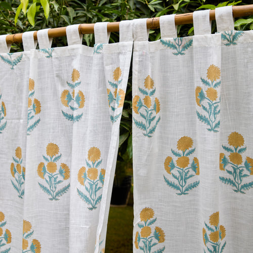 Yellow Poppy Blockprint Cotton Slub Curtain-Curtains-House of Ekam