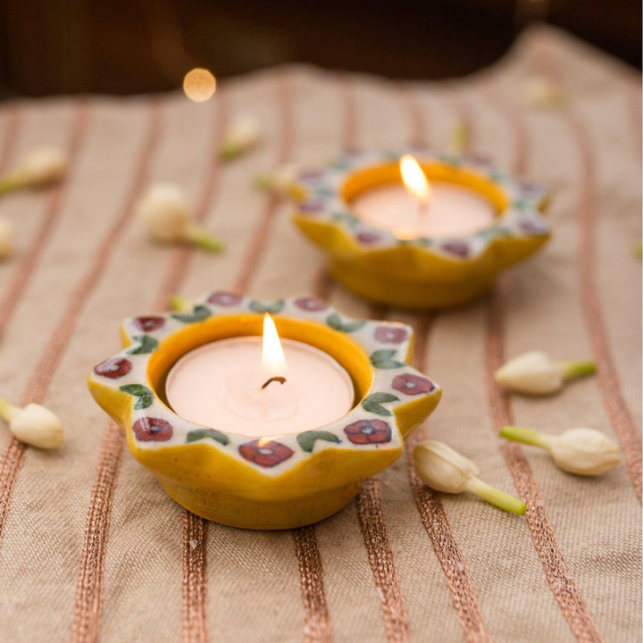 Yellow &amp; Red Sunflower Blue Pottery Diya Set of 2-diyas-House of Ekam