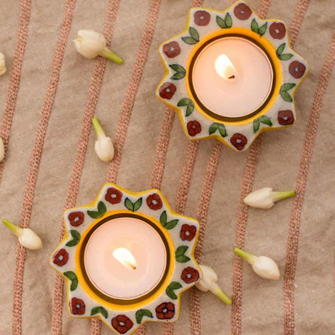 Yellow &amp; Red Sunflower Blue Pottery Diya Set of 2-diyas-House of Ekam