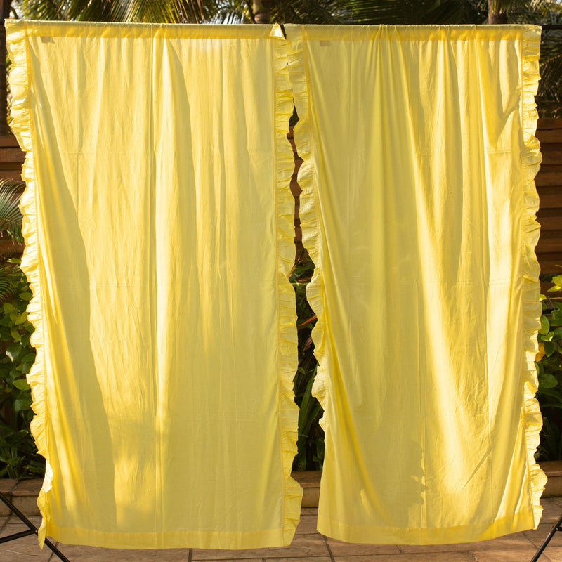 Yellow Solid Ruffle Sheer Curtain-Curtains-House of Ekam