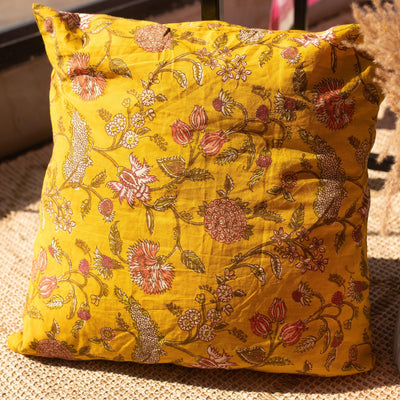 Yellow Spring Floral Fields Blockprint Print Cushion Cover-Cushion Covers-House of Ekam