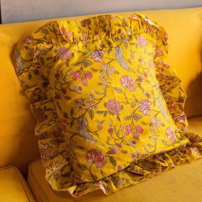 Yellow Spring Ruffle Blockprint Cushion Cover-Cushion Covers-House of Ekam