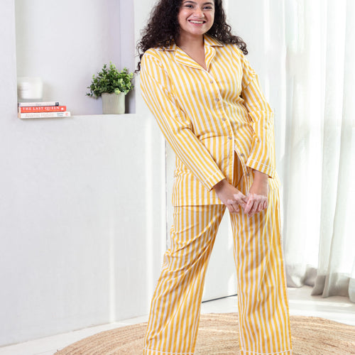 Yellow Stripe Cotton Loungewear Set-loungewear-House of Ekam