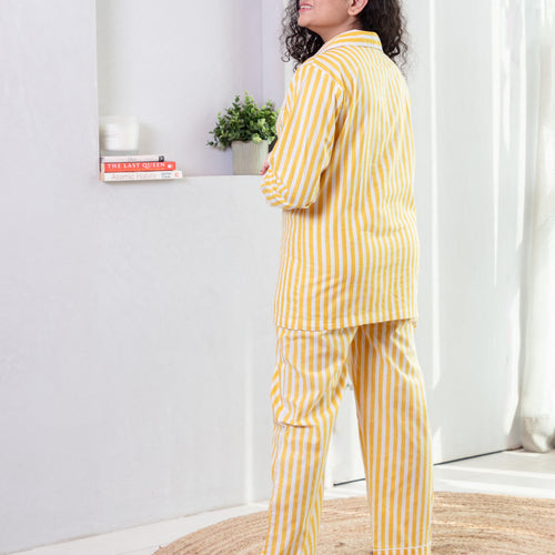 Yellow Stripe Cotton Loungewear Set-loungewear-House of Ekam