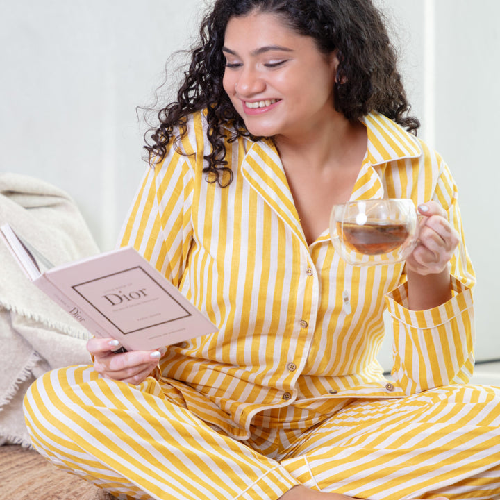 Yellow Stripe Cotton Loungewear Set-loungewear-House of Ekam