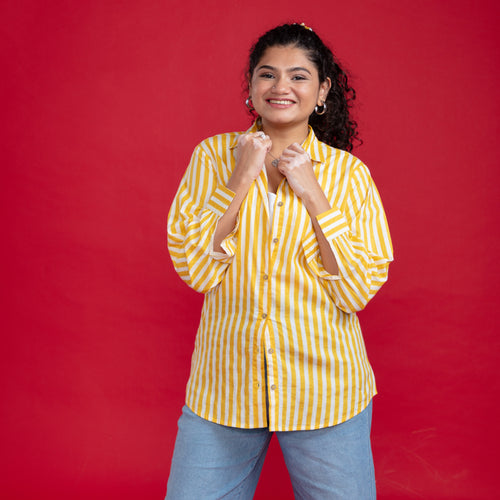 Yellow Stripe Cotton Shirt-Shirts-House of Ekam