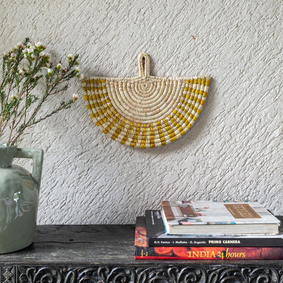 Yellow Stripe Handwoven Sabai Grass Fan-Sabai baskets-House of Ekam