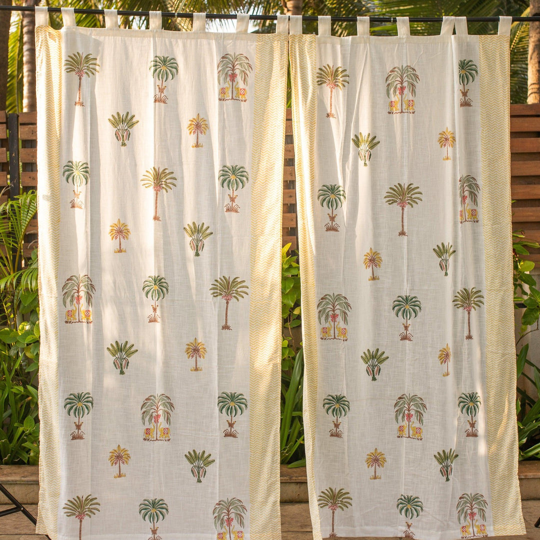 Yellow and Green Kerala Blockprint Cotton Slub Curtain-Curtains-House of Ekam