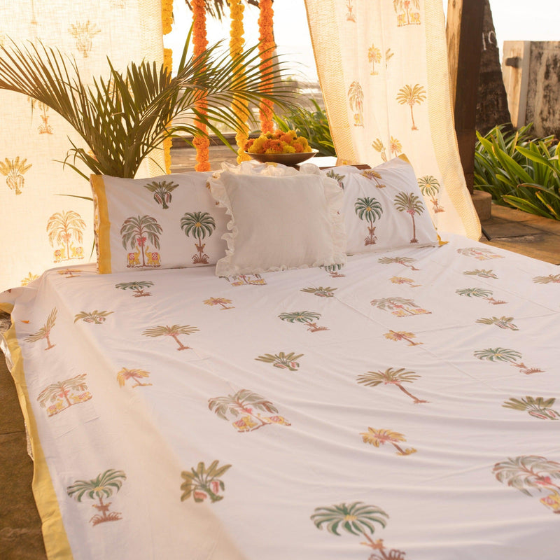 Yellow and Green Kerala Tropical Double Bed Bedsheet-Bedsheets-House of Ekam