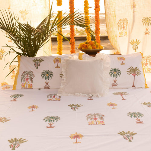 Yellow and Green Kerala Tropical Double Bed Bedsheet-Bedsheets-House of Ekam