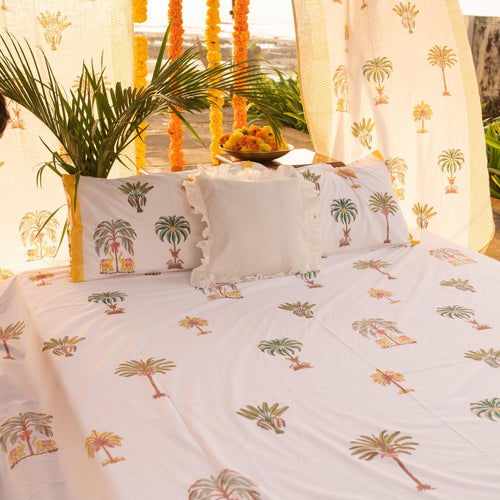 Yellow and Green Kerala Tropical Double Bed Bedsheet-Bedsheets-House of Ekam