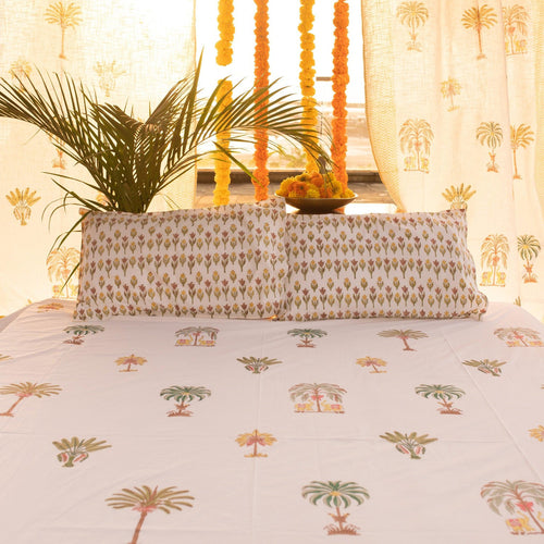 Yellow and Green Kerala Tropical Double Bed Bedsheet-Bedsheets-House of Ekam