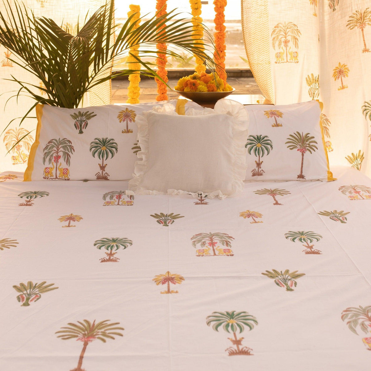Yellow and Green Kerala Tropical Double Bed Bedsheet-Bedsheets-House of Ekam