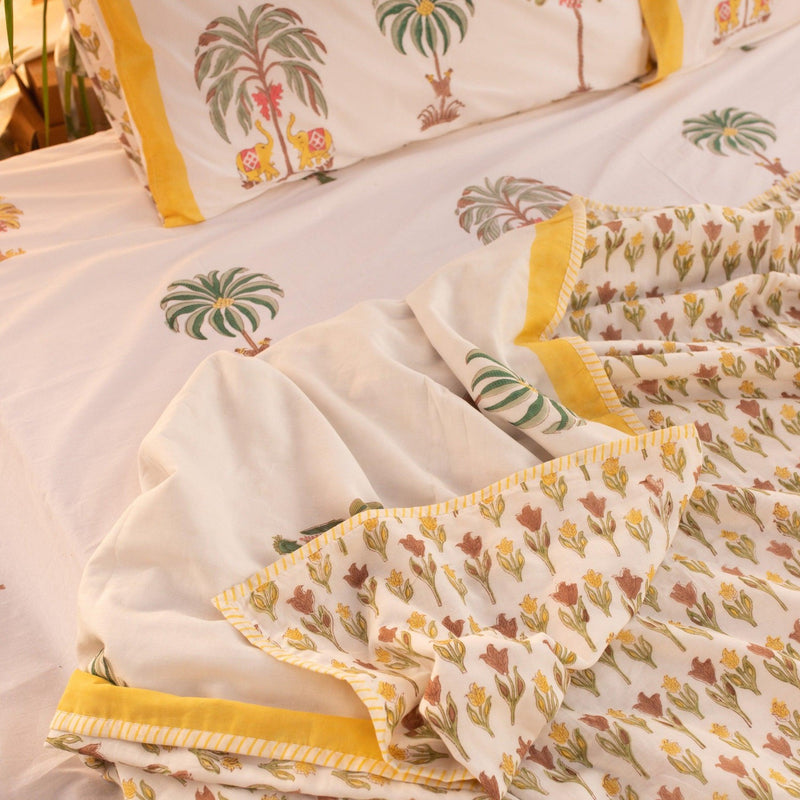 Yellow and Green Kerala Tropical Double Bed Dohar-Quilt sets-House of Ekam