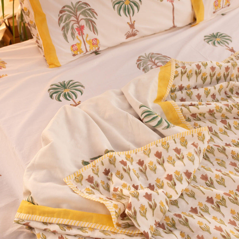 Yellow and Green Kerala Tropical Double Bed Dohar-Quilt sets-House of Ekam