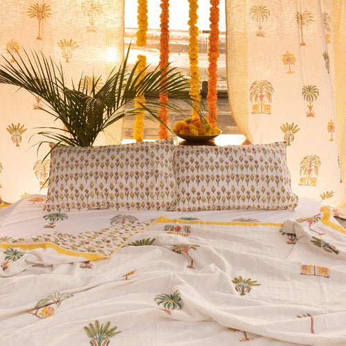 Yellow and Green Kerala Tropical Double Bed Dohar-Quilt sets-House of Ekam