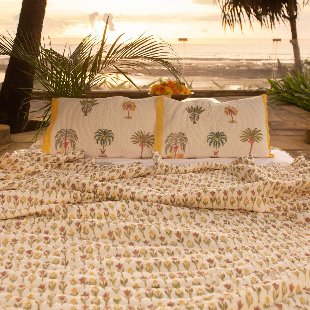 Yellow and Green Kerala Tropical Double Bed Quilt-Quilt sets-House of Ekam